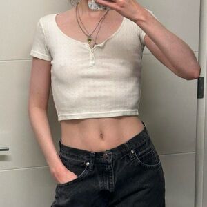 Vintage Ivory White Pointelle Knit French Cut Cropped Baby Tee